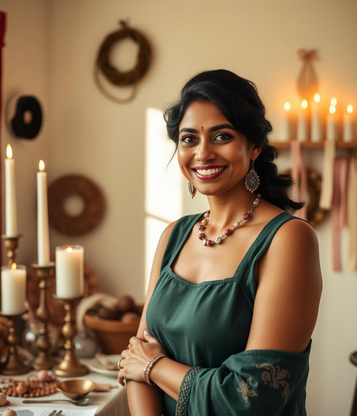 Artisan in the Artistic Jain studio surrounded by candles and craft supplies